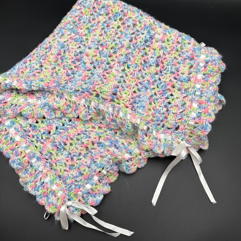 Crochet Baby Blanket White Ribbon Trim‎ Multi Pastel Colors Nursery Decor